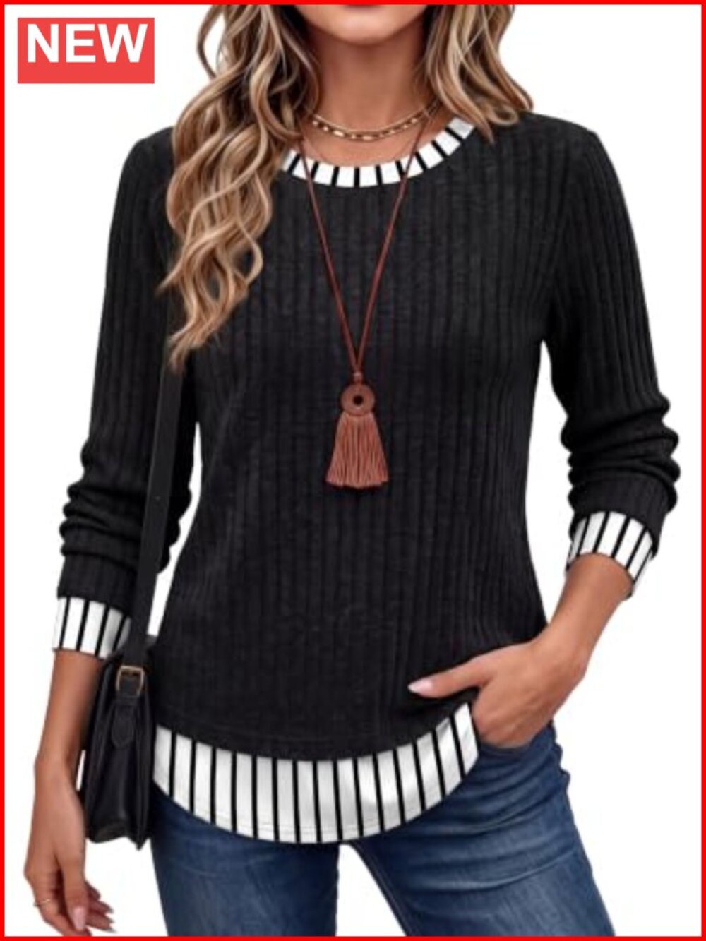 Womens Long Sleeve Tunic Top Faux Layer Color Block Lightweight Knit Fall